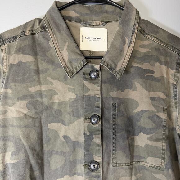 LUCKY BRAND Women’s Utility Jacket Small Green Camo Button Front Stretch Pockets - Picture 9 of 9